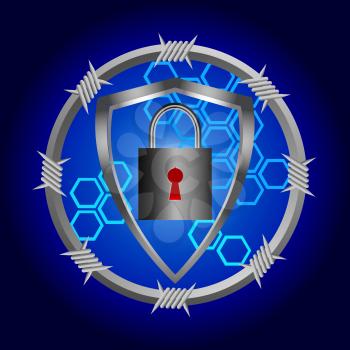 Cyber Security Background With Metallic Circular Border With Barbwire Shield And Padlock With Red Key Hole Over Dark Blue 
