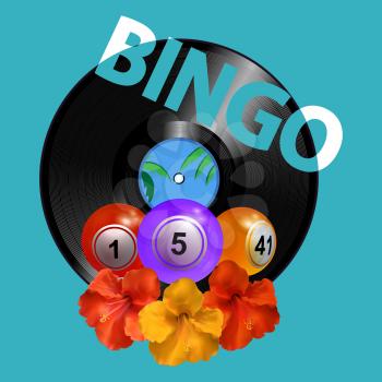 3D Illustration Of Trio Of Bingo Balls Over Summer Turquoise Blue Background With Vinyl Record Disc Hibiscus Flowers And Bingo Decorative Text