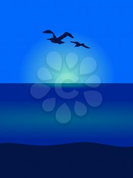 Portrait Ocean Sea View With Flying Seagull Silhouettes Over Sunset Or Sunrise Background