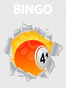 Orange And Yellow Bingo Lottery Ball Coming Out From A Ripped White Background With Bingo Decorative Text White On White