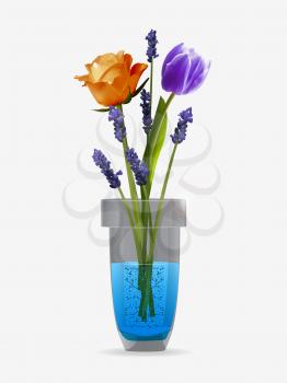 3D Illustration Of Glass Vase With Orange Rose Purple Tulip And Lavander Flowers Over Off White Background With Lens Flares