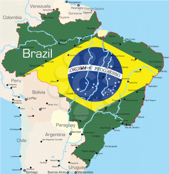 Royalty Free Clipart Image of a Map of Brazil Painted Like the Flag