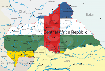 Royalty Free Clipart Image of a Map of the Central Africa Republic Painted in the Flag