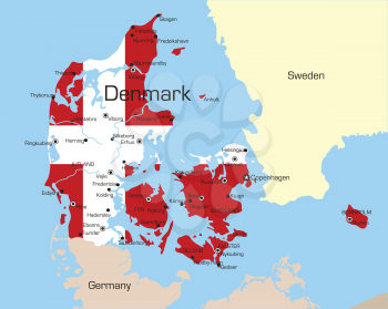 Royalty Free Clipart Image of a Map of Denmark Coloured Like the Flag