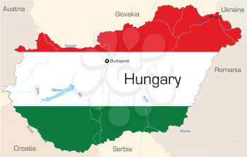 Royalty Free Clipart Image of a Map of Hungary With the Flag Painted on It