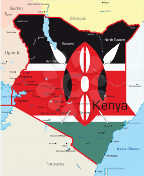 Royalty Free Clipart Image of a Map of Kenya Painted With the Flag