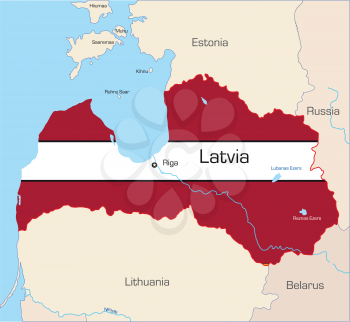 Royalty Free Clipart Image of a Map of Latvia Painted Like a Flag