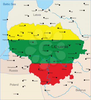 Royalty Free Clipart Image of a Map of Lithuania With the Flag Painted on It