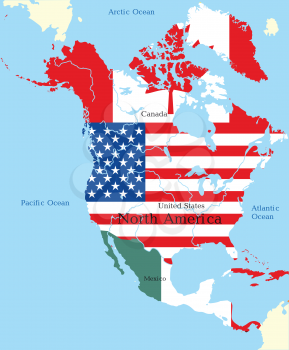 Royalty Free Clipart Image of a Map of North America With the Flags Painted on It