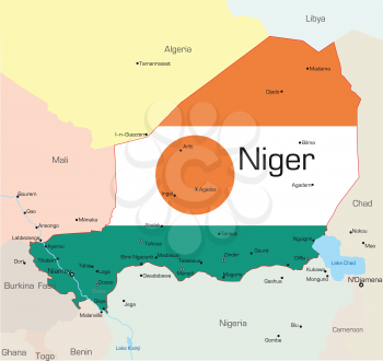 Royalty Free Clipart Image of a Map of Niger With the Flag Painted on It
