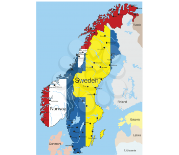 Royalty Free Clipart Image of Norway and Sweden Coloured Like the Flags