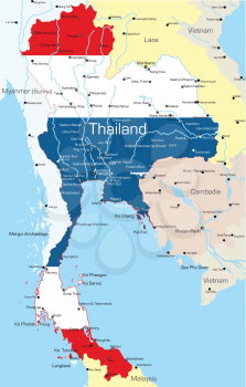 Royalty Free Clipart Image of a Map of Thailand With the Flag Painted on It