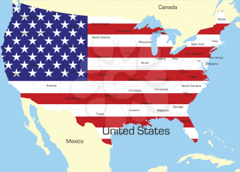Royalty Free Clipart Image of a Map of the United States With the Flag Painted on It