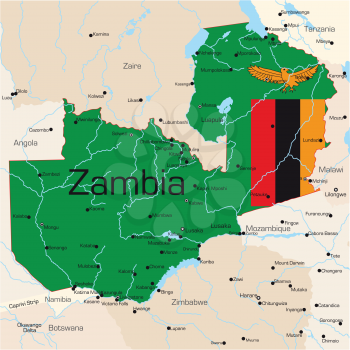 Royalty Free Clipart Image of a Map of Zambia Coloured By the Flag