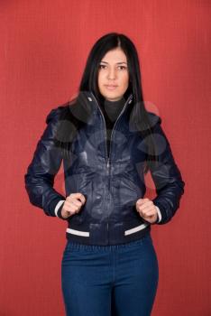 Royalty Free Photo of a Woman in a Leather Jacket
