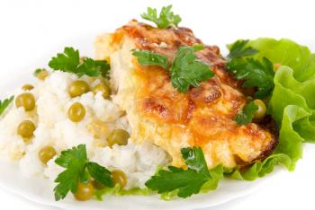 Royalty Free Photo of Chicken Baked With Pineapple and Cheese on Rice