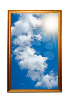 A picture of a wooden picture frame with the sky isolated on white