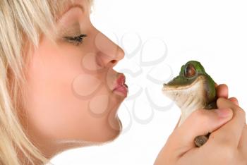 Royalty Free Photo of a Woman Kissing a Frog