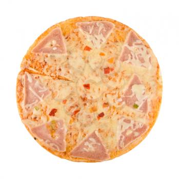 pizza with ham, cheese, pepper isolated on white.