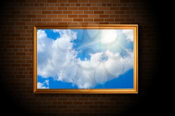 Blue color sky picture on the brick wall background