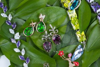 Jewelry with gems at green leaves