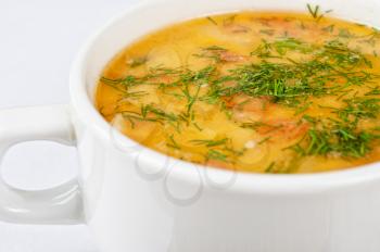 closeup of chicken soup served in a bowl
