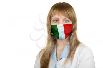 Closeup of a female healthcare professional nurse wearing a protection mask with Italy flag
