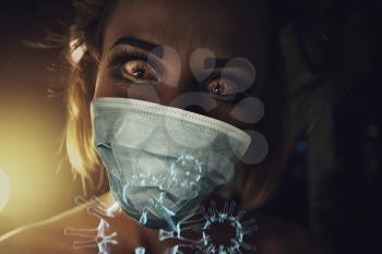 Horrible portrait of a sick woman on coronavirus background. Coronavirus disease concept.