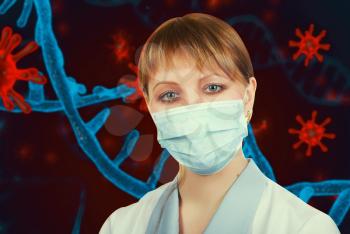 Female doctor with medical mask on 3d generated COVID-19 background background.