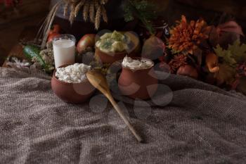 Organic domestic food: milk cottage cheese sour cream boiled potato and vegetables in vintage dish on rustic background