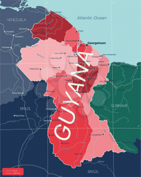 Guyana country detailed editable map with regions cities and towns, roads and railways, geographic sites. Vector EPS-10 file