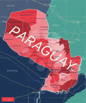 Paraguay country detailed editable map with regions cities and towns, roads and railways, geographic sites. Vector EPS-10 file