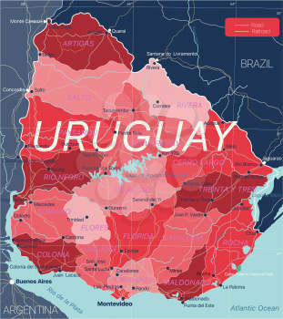 Uruguay country detailed editable map with regions cities and towns, roads and railways, geographic sites. Vector EPS-10 file