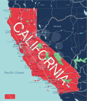 California state detailed editable map with with cities and towns, geographic sites, roads, railways, interstates and U.S. highways. Vector EPS-10 file, trending color scheme