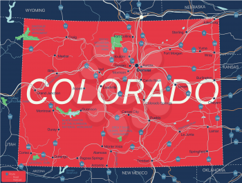 Colorado state detailed editable map with with cities and towns, geographic sites, roads, railways, interstates and U.S. highways. Vector EPS-10 file, trending color scheme