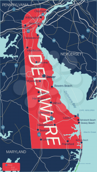 Delaware state detailed editable map with with cities and towns, geographic sites, roads, railways, interstates and U.S. highways. Vector EPS-10 file, trending color scheme