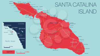 Vector detailed map of Santa Catalina Island, California, USA. Editable map with with cities and towns, geographic sites, roads, railways. Vector EPS-10 file, trending color scheme