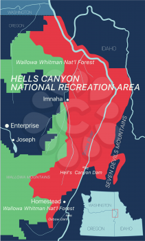 Hells Canyon editable map with with cities and towns, geographic sites. Vector EPS-10 file, trending color scheme