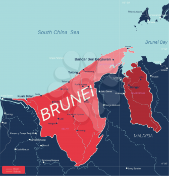 Brunei country detailed editable map with regions cities and towns, roads and railways, geographic sites. Vector EPS-10 file