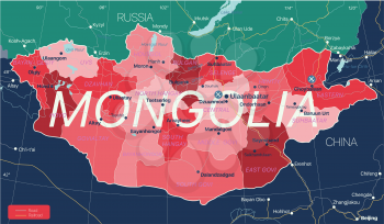 Mongolia country detailed editable map with regions cities and towns, roads and railways, geographic sites. Vector EPS-10 file