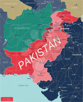 Pakistan country detailed editable map with regions cities and towns, roads and railways, geographic sites. Vector EPS-10 file