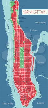 Lower and Mid Manhattan in New York detailed editable vector map with streets, geographic sites, roads. Vector EPS-10 file, trending color scheme