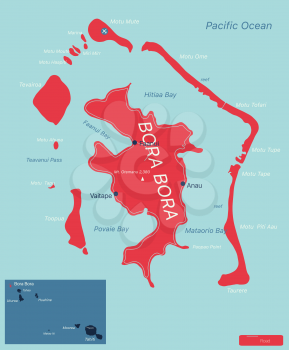 Bora Bora islands detailed editable map with regions cities and towns, roads and railways, geographic sites. Vector EPS-10 file