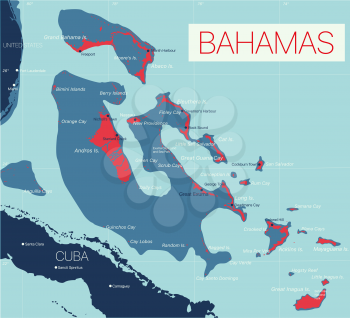 Bahamas detailed editable map with regions cities and towns, roads and railways, geographic sites. Vector EPS-10 file
