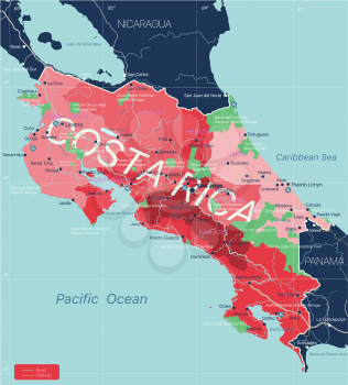 Costa Rica country detailed editable map with regions cities and towns, roads and railways, geographic sites. Vector EPS-10 file