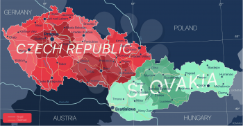 Czech Republic and Slovakia countries detailed editable map with regions cities and towns, roads and railways, geographic sites. Vector EPS-10 file
