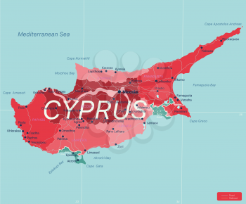 Cyprus country detailed editable map with regions cities and towns, roads and railways, geographic sites. Vector EPS-10 file