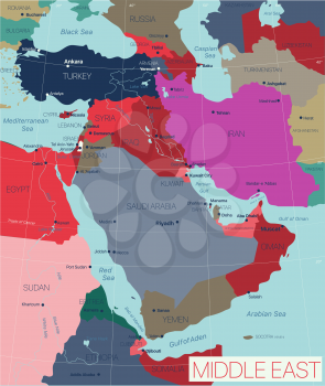 Middle East region detailed editable map with countries capitals and cities. Vector EPS-10 file