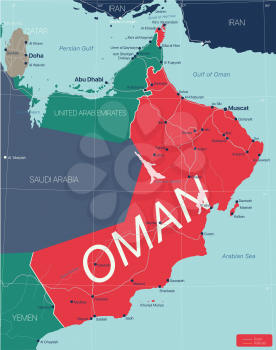 Oman country detailed editable map with regions cities and towns, roads and railways, geographic sites. Vector EPS-10 file