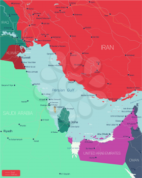 Persian Gulf region country detailed editable map with countries capitals and cities. Vector EPS-10 file